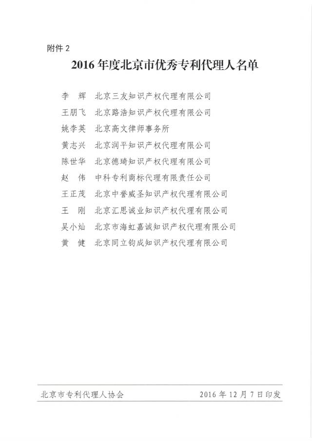 2016年度北京市優(yōu)秀專(zhuān)利代理機構及優(yōu)秀專(zhuān)利代理人名單公布